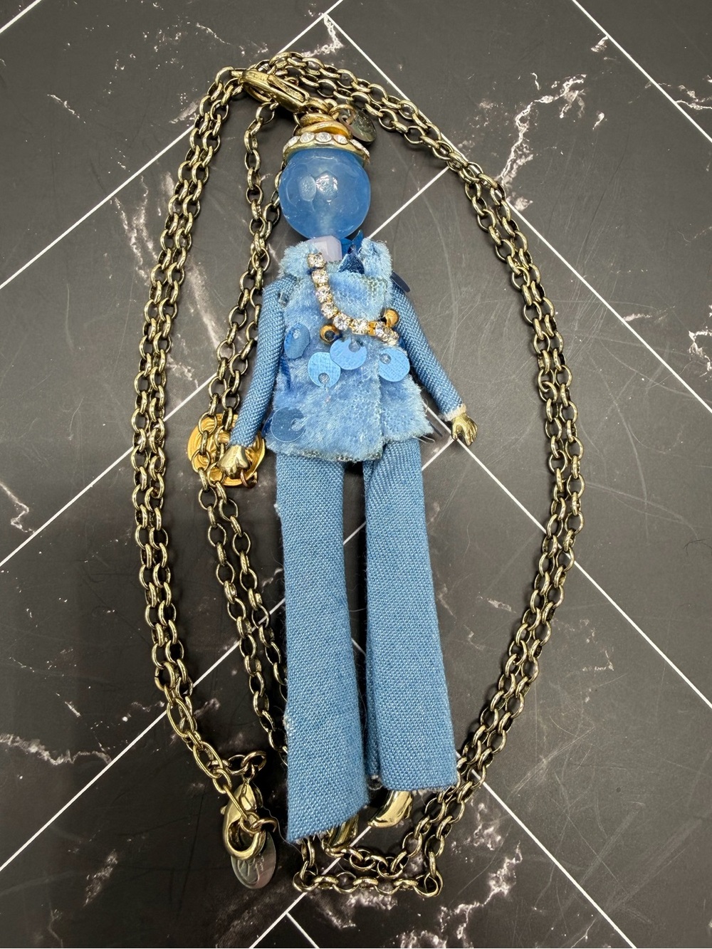 Vintage RS Paris Articulated Doll Pendant Necklace – Blue Sequined Pantsuit